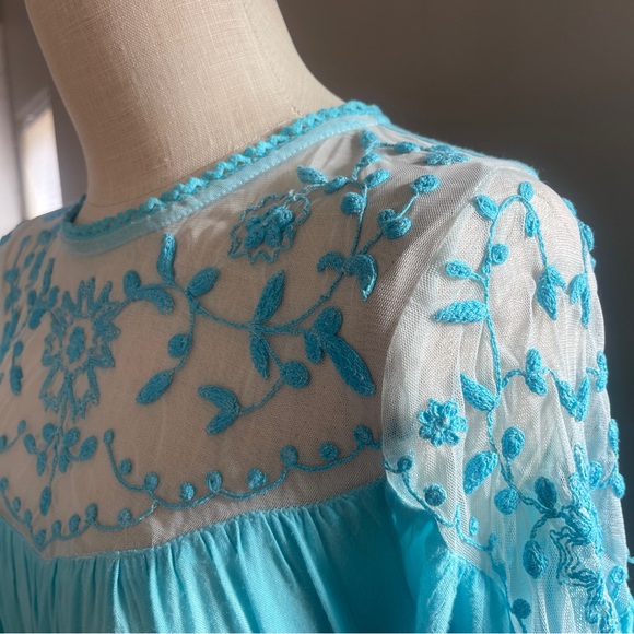 Upcycled Turquoise Boho Maxi Dress with LacyTop & Paisley Ruffled Skirt, Size M - Picture 9 of 11